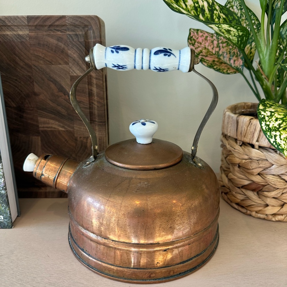 Vintage Copper Tea Kettle with Blue Floral Handle